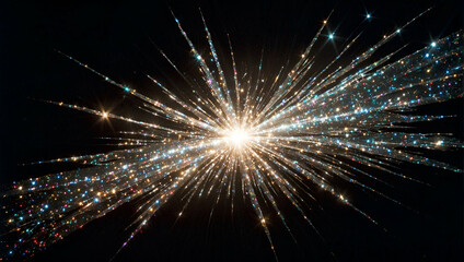 Obraz premium A burst of light, a magical glittering light, on a completely black background, for a screen overlay