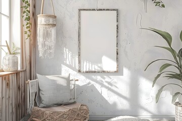 Serene Wall Art Frame Mockup in Bohemian-Inspired Interior Setting with Natural Lighting and Lush Greenery