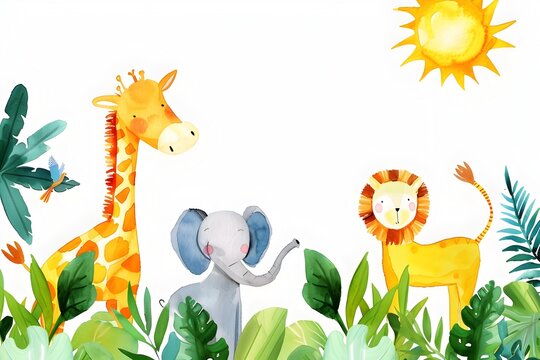 Vibrant Watercolor Safari Animals with Lush Tropical Foliage and Bright Sun