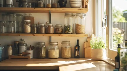 Fototapeta na wymiar Morning sun streams into a cozy kitchen, highlighting a pantry stocked with healthy ingredients.