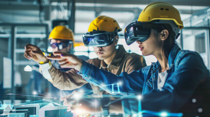 A close-up of a group of engineers using augmented reality glasses to collaborate on a design project - obrazy, fototapety, plakaty