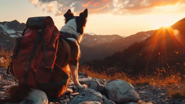 A Border Collie with a camping backpack enjoys a stunning sunset over a sprawling mountain range