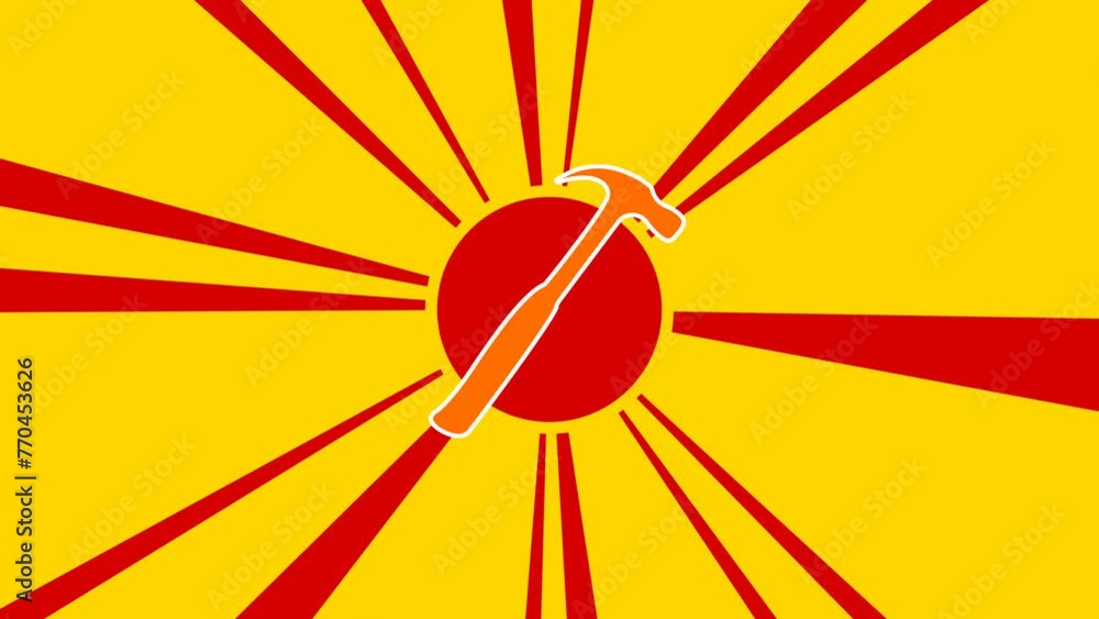 Poster hammer symbol on the background of animation from moving rays of the sun. large orange symbol increa