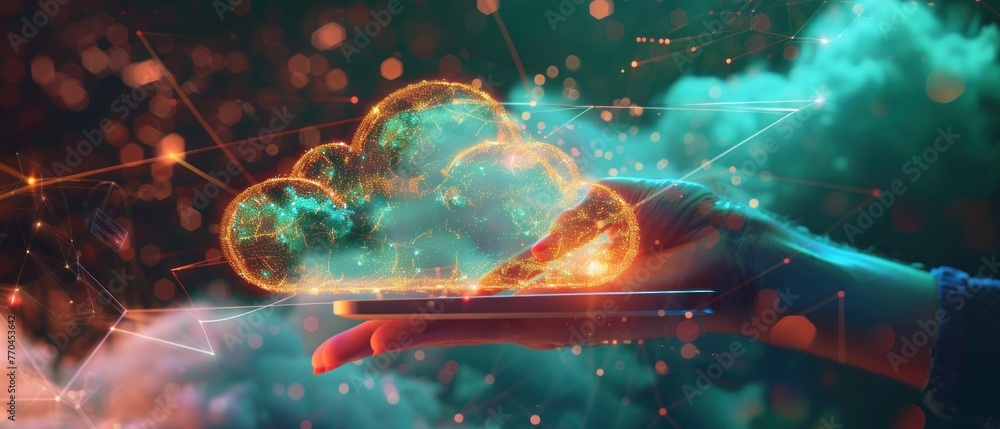 Poster hand holding laptop with abstract connection cloud computing data transfer