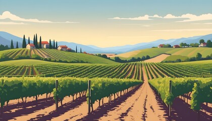 Framed by the quaint village scenery, a tranquil vineyard exudes a sense of serenity and abundance, its rows of grapevines stretching towards the horizon, a tranquil oasis in the midst of rural life. - obrazy, fototapety, plakaty