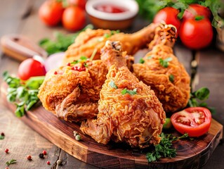 Crunchy thigh fried chicken with red sauce on wooden table - obrazy, fototapety, plakaty