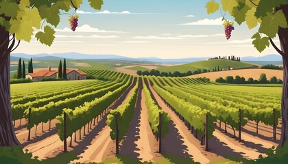 Nestled within the charming village, a picturesque vineyard sprawls across the rolling hills, its neat rows of grapevines basking in the warm sunlight, a rustic scene of rural tranquility. - obrazy, fototapety, plakaty