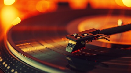 Close-up of a vinyl record playing on a turntable with a needle, highlighted by warm ambient lighting.