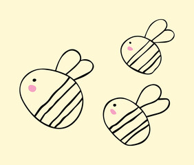 Set of bees in doodle style. Children's drawing of insects in flat style. Vector illustration concept of childhood. 