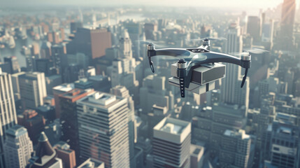 A delivery drone flies over a city landscape, delivering a package to a customer's doorstep - obrazy, fototapety, plakaty