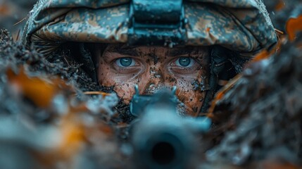 A soldier with a machine gun in a trench in a combat position during a combat mission
