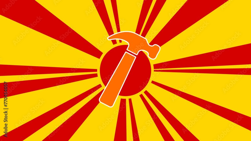 Poster hammer symbol on the background of animation from moving rays of the sun. large orange symbol increa