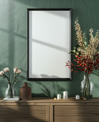 A mockup of an empty, blank poster frame on the wall above a wooden sideboard in front of a green textured wallpaper wall.