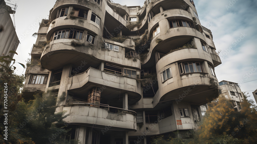 Poster a broken down apartment building with its windows on end