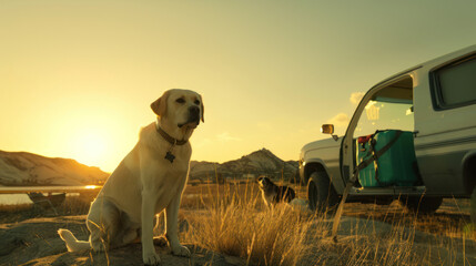 A thoughtful Labrador rests beside a parked car in a desert landscape as the sun sets, conveying a...