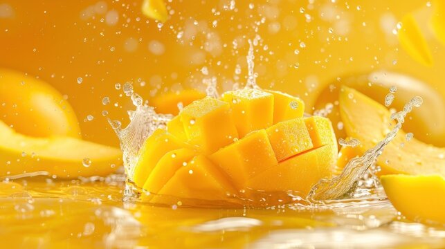 Fresh ripe mango fruit pieces falling on water splash with yellow background