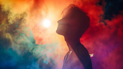 A silhouette of a person standing in front of a cloud of colorful powder at a Holi party, with sunlight shining on them from behind, creates a colorful scene. AI Generated Images