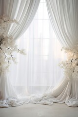 Elegant white curtains with floral decoration
