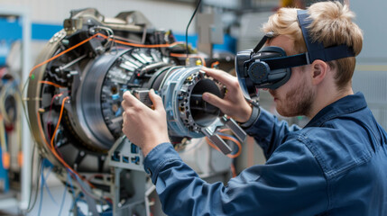 technician wearing a head-mounted display repairs a complex piece of machinery using remote assistance technology