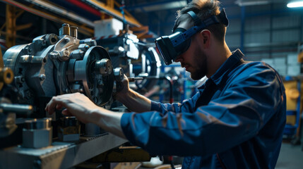 technician wearing a head-mounted display repairs a complex piece of machinery using remote assistance technology