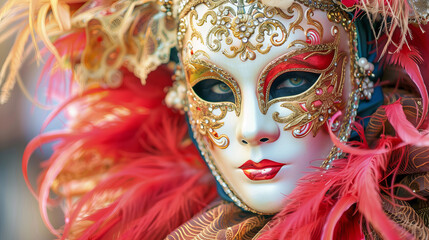 A side profile showcases a red and gold Venetian carnival mask adorned with feathers