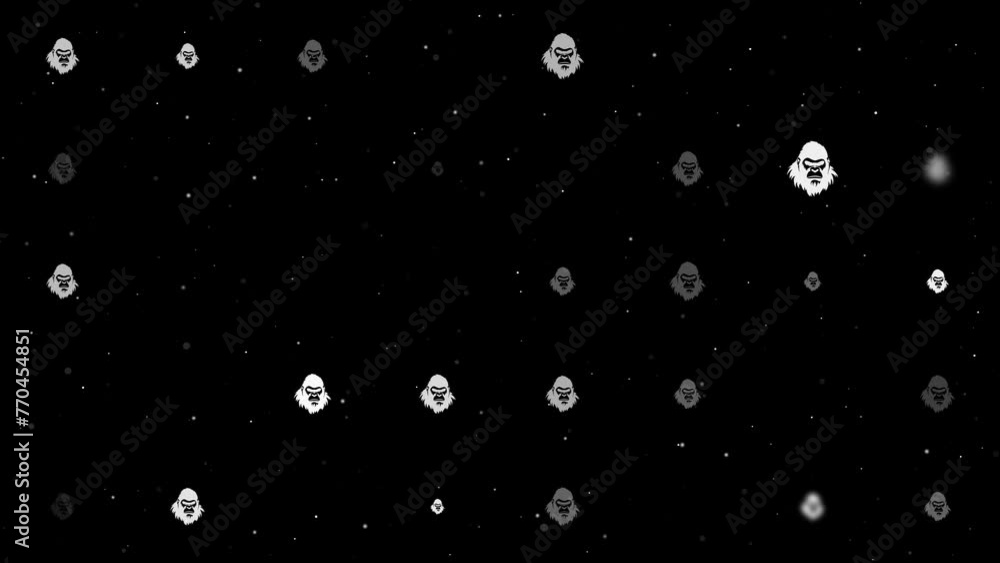 Poster template animation of evenly spaced gorilla head symbols of different sizes and opacity. animation o