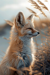 portrait of a fox among dry grass