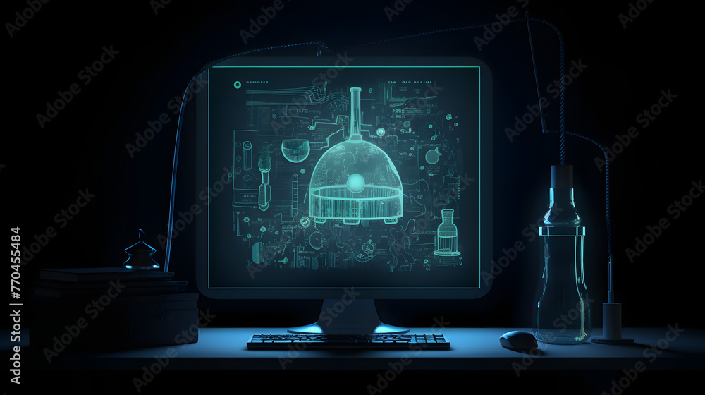 Poster a laptop display monitor in the dark behind a lamp