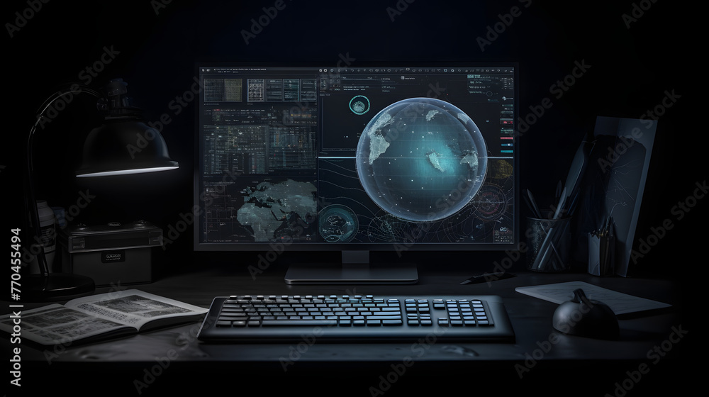 Poster a laptop display monitor in the dark behind a lamp