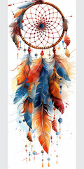 Detailed watercolor dreamcatcher art with feathers. Beads and vibrant colors. Handmade in a traditional native american and bohemian style