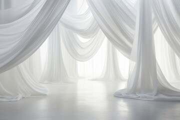 Elegant white drapes in a spacious room - obrazy, fototapety, plakaty