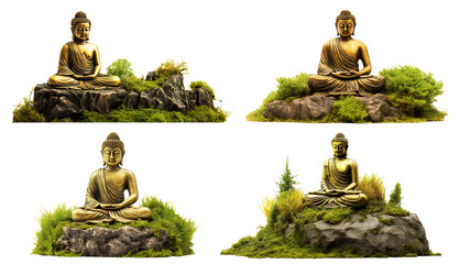 Set of golden buddha statues on mossy rocks, cut out