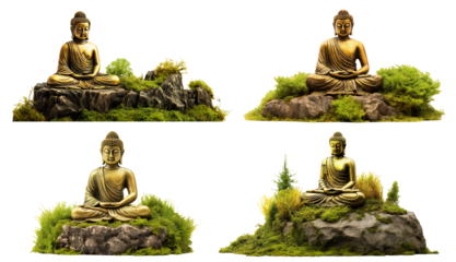 Set of golden buddha statues on mossy rocks, cut out