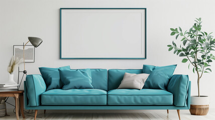 Minimalist interior design of a modern living room with a blue sofa and empty frame on a white wall mockup
