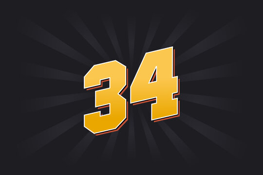 Number 34 vector font alphabet. Yellow 34 number with black background