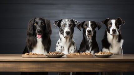 Assorted adorable dogs from different breeds gathered at table with dog food bowls - obrazy, fototapety, plakaty