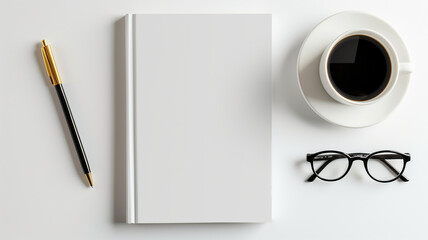 White blank book cover mockup with coffee cup, glasses and pen on white background