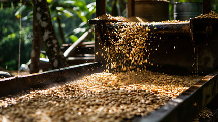 Coffee beans being processed in milling machinery outdoors. - obrazy, fototapety, plakaty