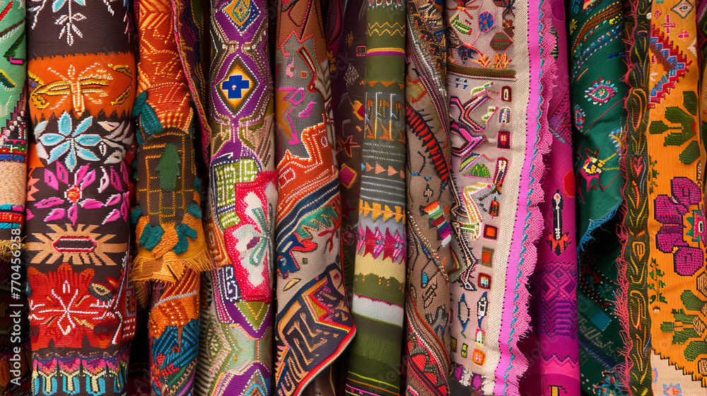 Poster an array of ethnic textiles with intricate patterns and vibrant colors displayed in a market setting
