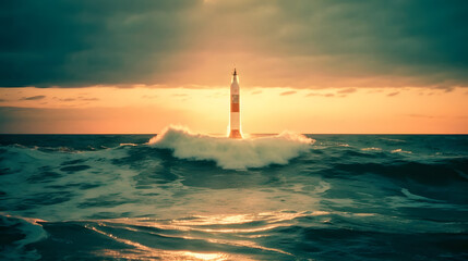 a rocket is being launched in the ocean by rocket launch - obrazy, fototapety, plakaty