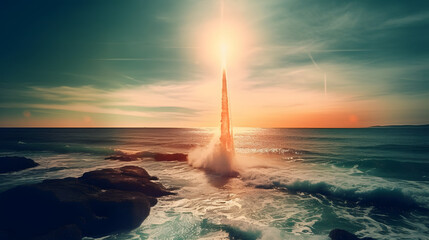 a rocket is being launched in the ocean by rocket launch - obrazy, fototapety, plakaty