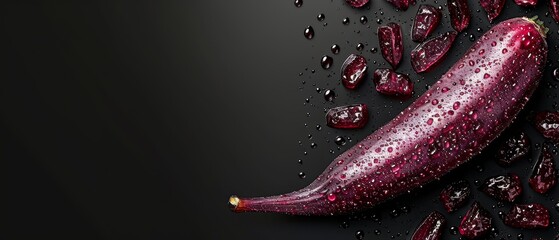   Purple Eggplant on Black Surface with Water Drops