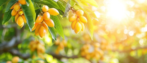   A tree laden with numerous yellow fruits dangles from its branches under bright sunshine - obrazy, fototapety, plakaty