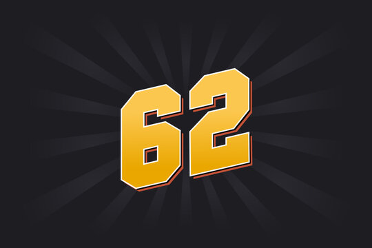 Number 62 vector font alphabet. Yellow 62 number with black background