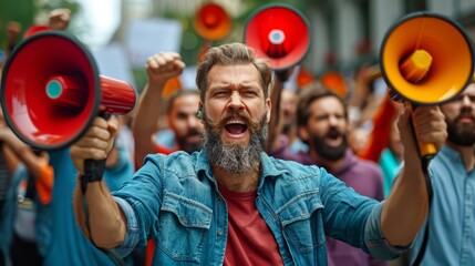   A man with a beard holds two red and yellow megaphones in front of a crowd of bearded men - obrazy, fototapety, plakaty