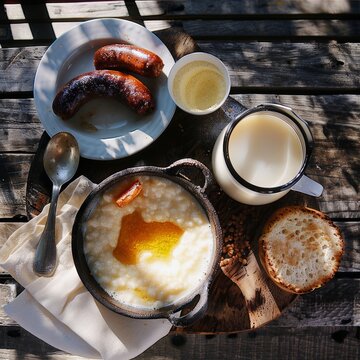 A South African breakfast of pap, a traditional maize porridge, served with milk, sugar, and a side of boerewors (sausage).