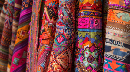 A close-up view of the detailed weave and colorful designs of traditional ethnic fabrics showcasing craftsmanship