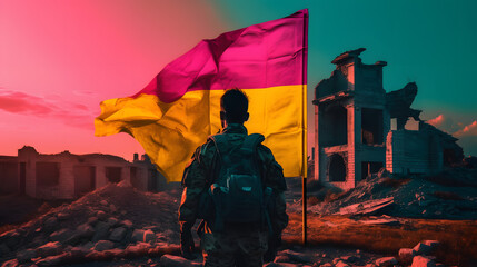 a soldier in an army uniform holds a flag over the ruins at sunset - obrazy, fototapety, plakaty