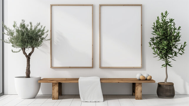A wooden table with two white poster frames on it, olive tree in the pot near wall. Scandinavian home interior design of modern entrance hall or hallway.