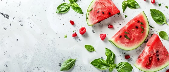 Foto op Plexiglas   A white surface with watermelon slices arranged in groups and decorated with basil leaves and cherries on either side © Jevjenijs
